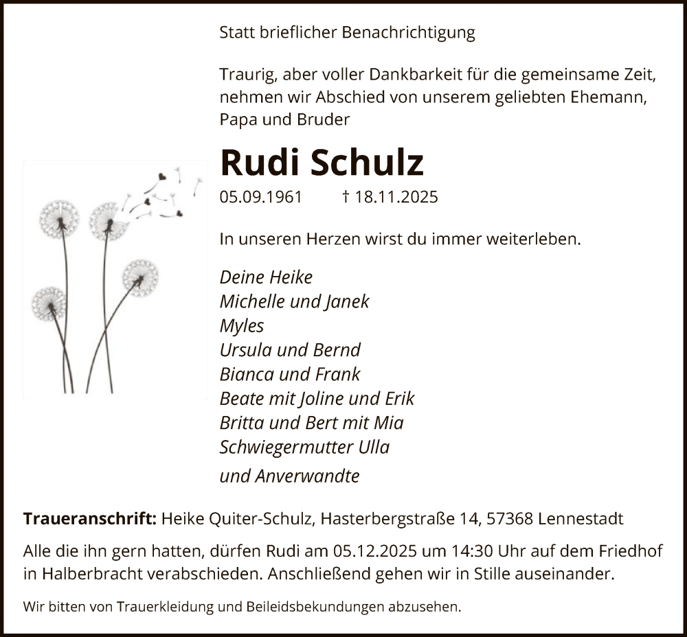  Traueranzeige für Rudi Schulz vom 29.11.2025 aus HASK