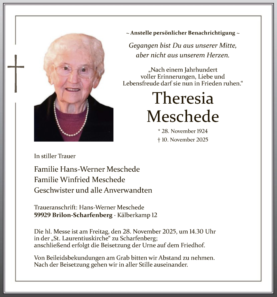  Traueranzeige für Theresia Meschede vom 22.11.2025 aus HASK