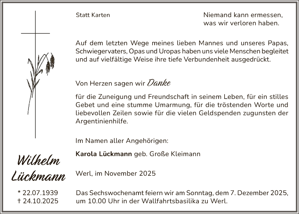  Traueranzeige für Wilhelm Lückmann vom 29.11.2025 aus HASO