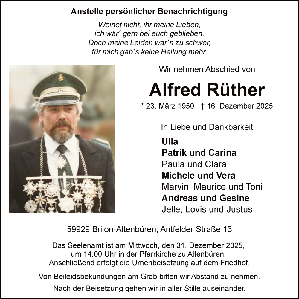  Traueranzeige für Alfred Rüther vom 20.12.2025 aus HASK