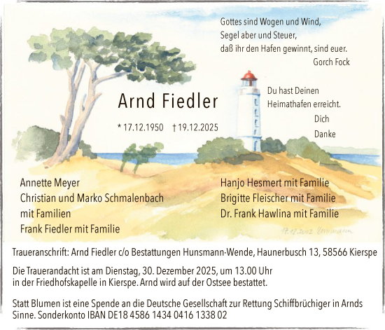 Traueranzeige von Arnd Fiedler von HALN