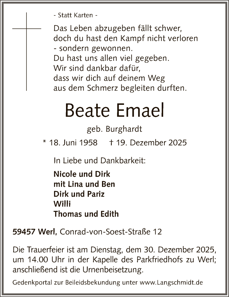  Traueranzeige für Beate Emael vom 27.12.2025 aus HASO