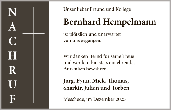 Traueranzeige von Bernhard Hempelmann von HASK