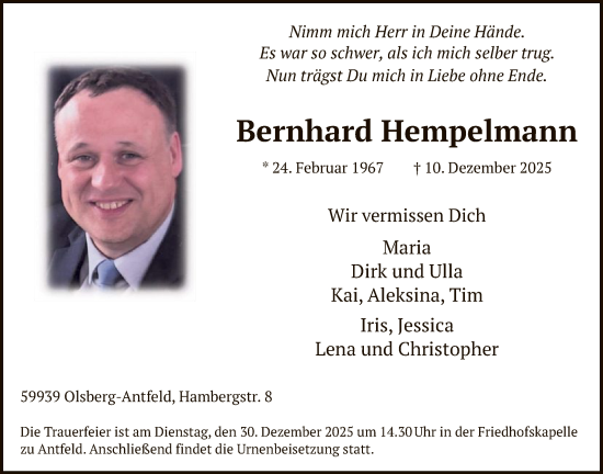 Traueranzeige von Bernhard Hempelmann von HASK