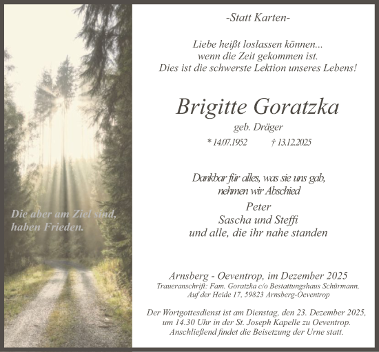 Traueranzeige von Brigitte Goratzka von HASK