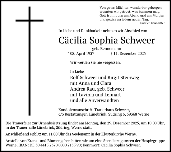 Traueranzeige von Cäcilia Sophia Schweer von HAWA