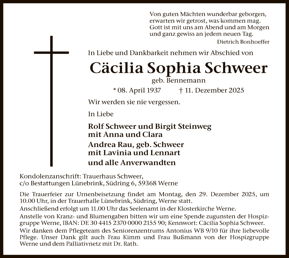  Traueranzeige für Cäcilia Sophia Schweer vom 23.12.2025 aus HAWA