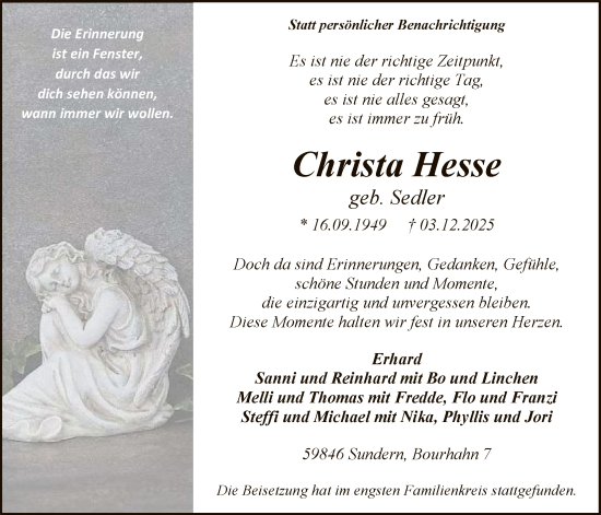 Traueranzeige von Christa Hesse von HASK