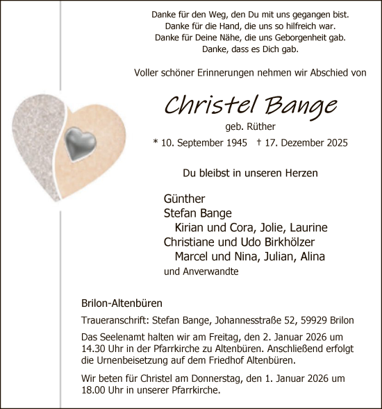 Traueranzeige von Christel Bange von HASK