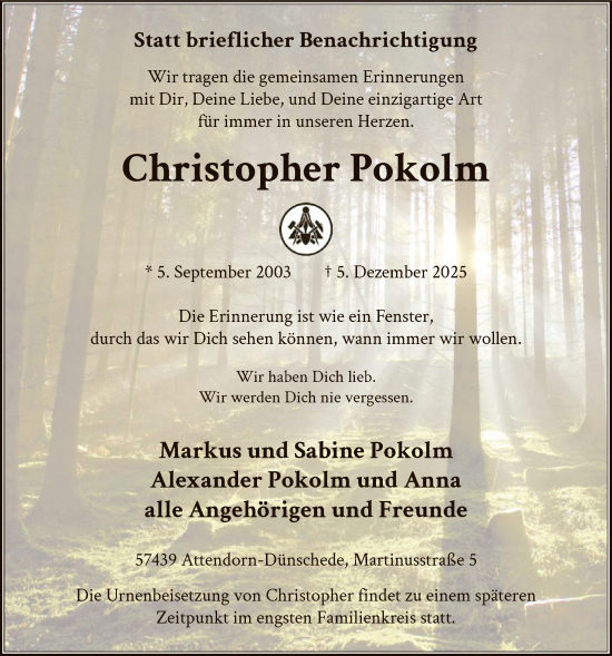 Traueranzeige von Christopher Pokolm von HASK