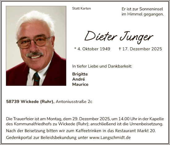 Traueranzeige von Dieter Junger von HASO
