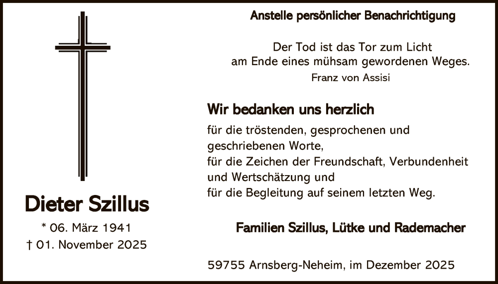  Traueranzeige für Dieter Szillus vom 20.12.2025 aus HASK
