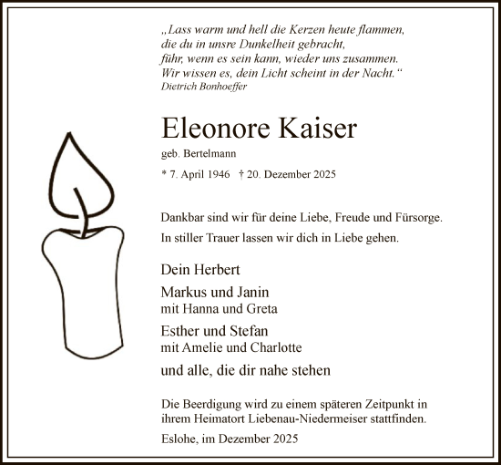 Traueranzeige von Eleonore Kaiser von HASK