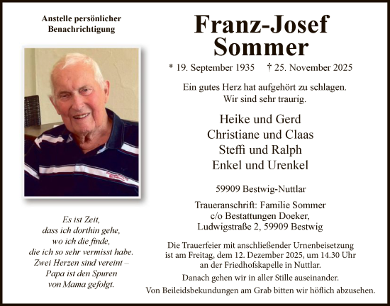 Traueranzeige von Franz-Josef Sommer von HASK