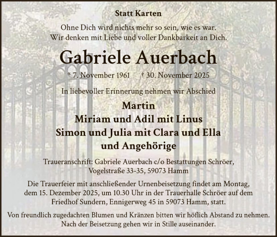 Traueranzeige von Gabriele Auerbach von HAWA