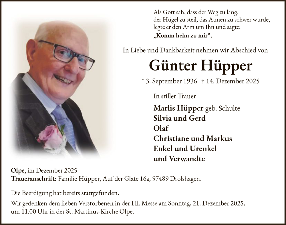  Traueranzeige für Günter Hüpper vom 20.12.2025 aus HASK