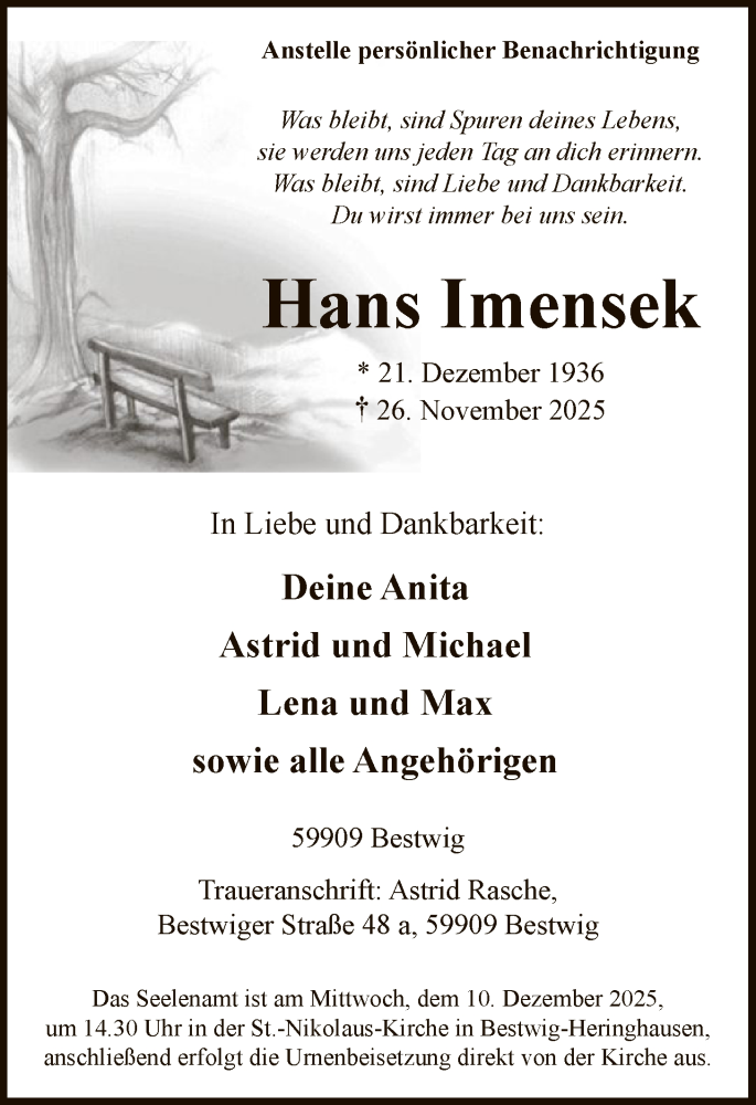  Traueranzeige für Hans Imensek vom 06.12.2025 aus HASK
