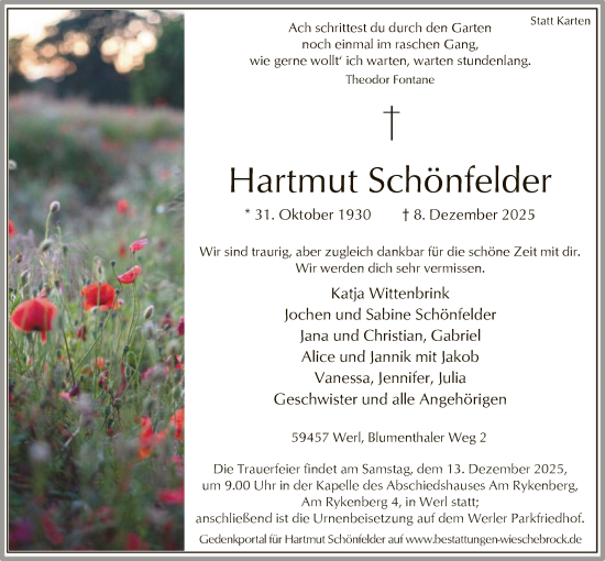 Traueranzeige von Hartmut Schönfelder von HASO