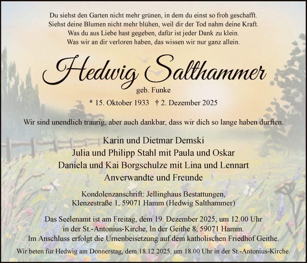  Traueranzeige für Hedwig Salthammer vom 13.12.2025 aus HAWA