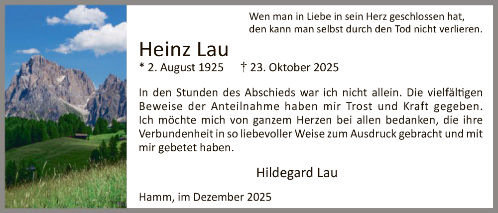  Traueranzeige für Heinz Lau vom 20.12.2025 aus HAWA
