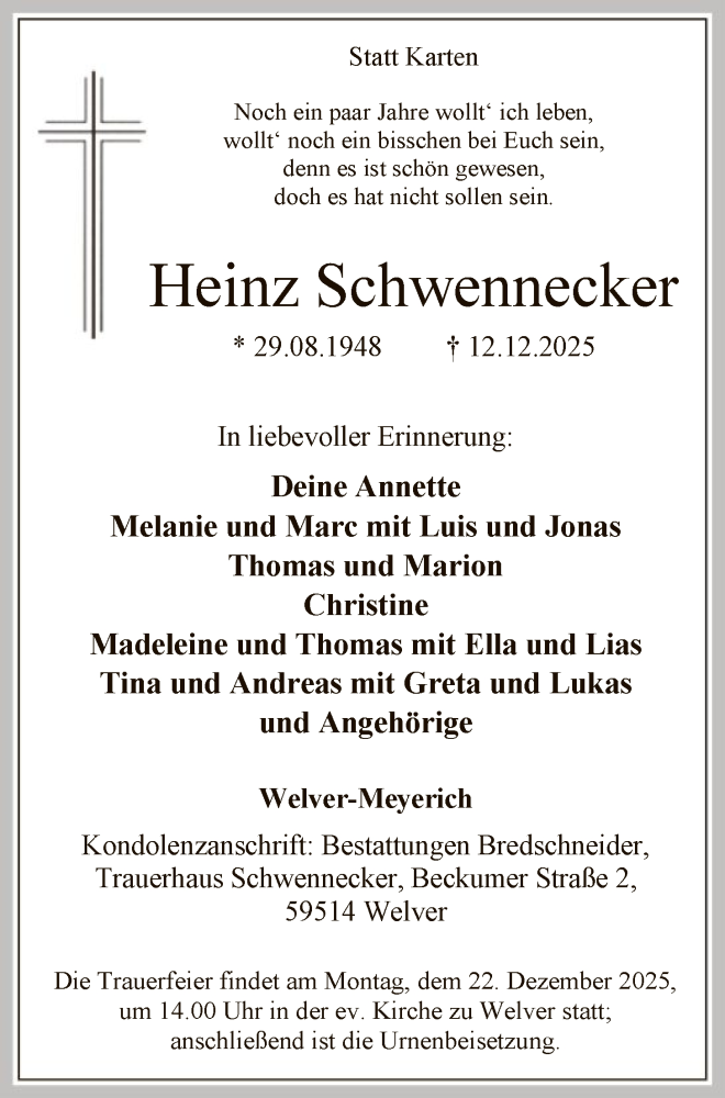  Traueranzeige für Heinz Schwennecker vom 17.12.2025 aus HASO