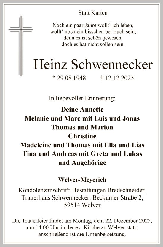 Traueranzeige von Heinz Schwennecker von HASO