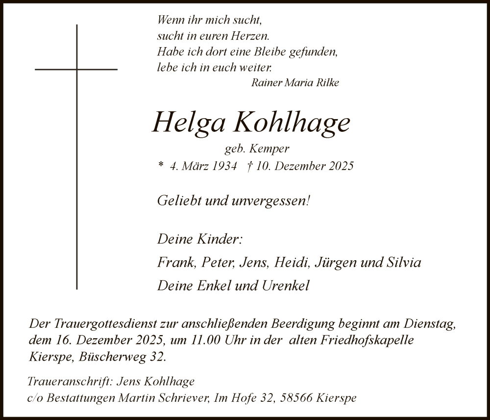  Traueranzeige für Helga Kohlhage vom 13.12.2025 aus HALN
