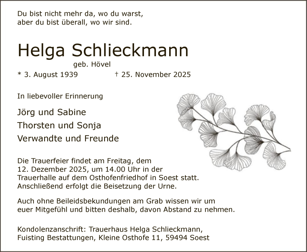  Traueranzeige für Helga Schlieckmann vom 06.12.2025 aus HASO