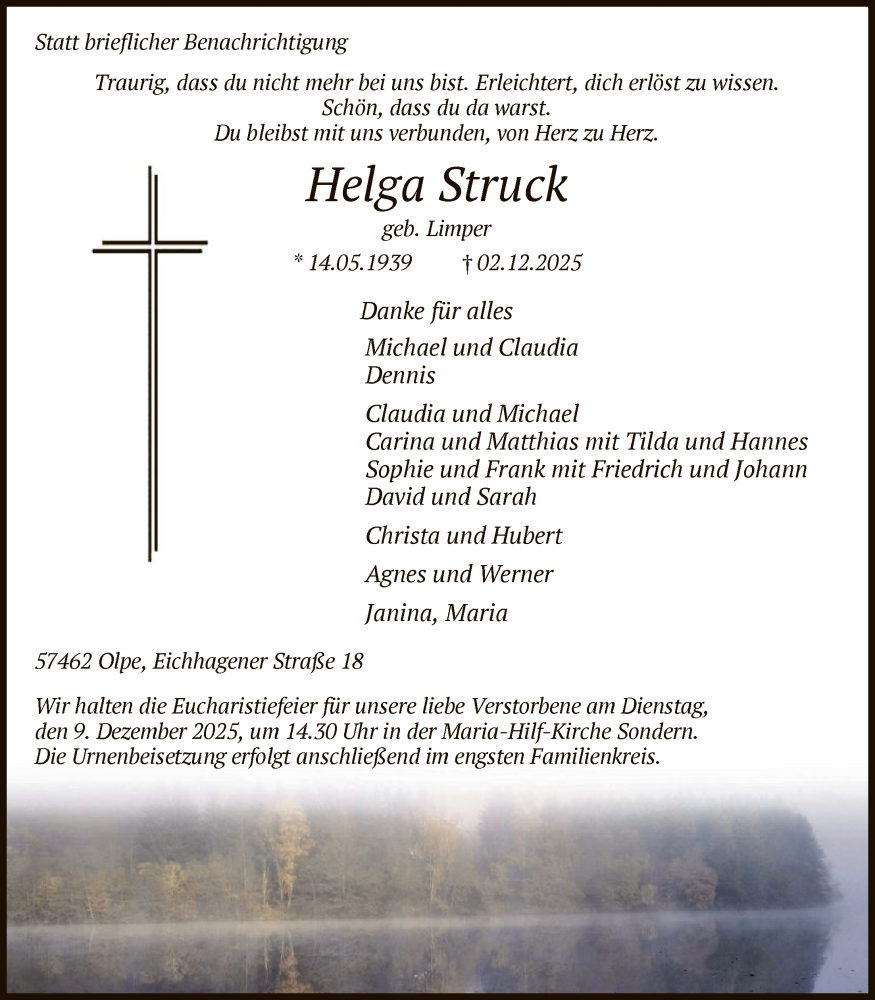  Traueranzeige für Helga Struck vom 06.12.2025 aus HASK