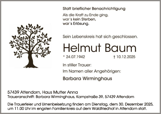 Traueranzeige von Helmut Baum von HASK