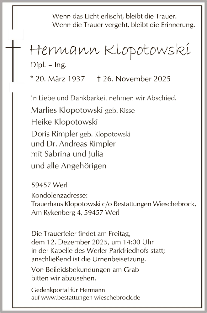  Traueranzeige für Hermann Klopotowski vom 03.12.2025 aus HASO