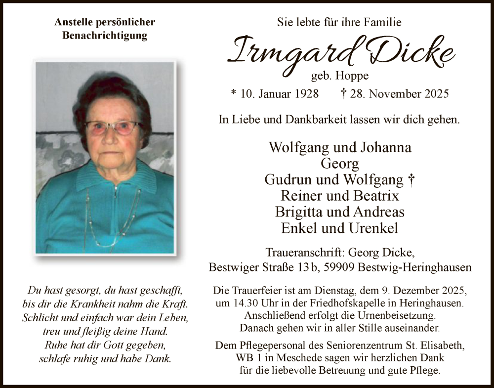 Traueranzeige für Irmgard Dicke vom 06.12.2025 aus HASK