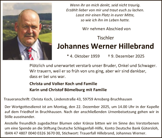 Traueranzeige von Johannes Werner Hillebrand von HASK
