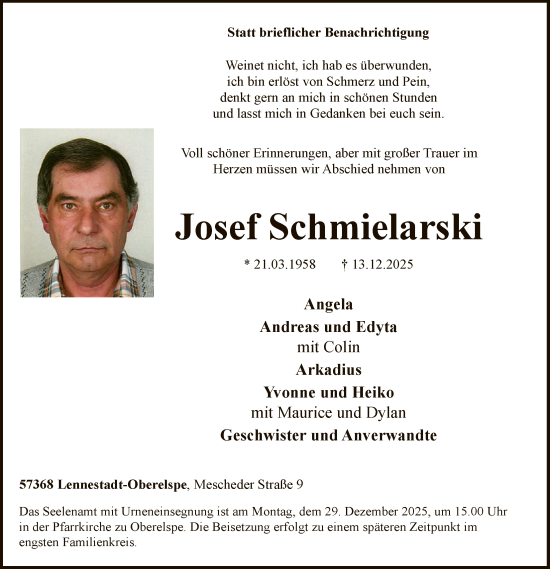 Traueranzeige von Josef Schmielarski von HASK
