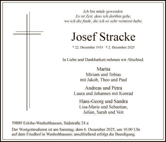 Traueranzeige von Josef Stracke von HASK