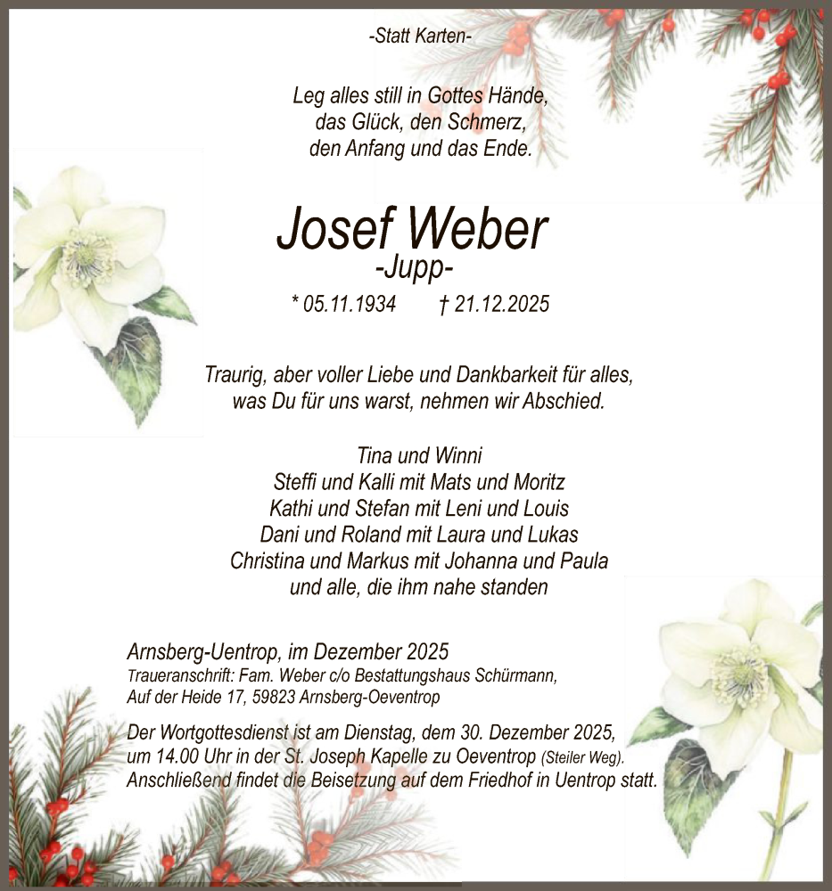  Traueranzeige für Josef Weber vom 27.12.2025 aus HASK