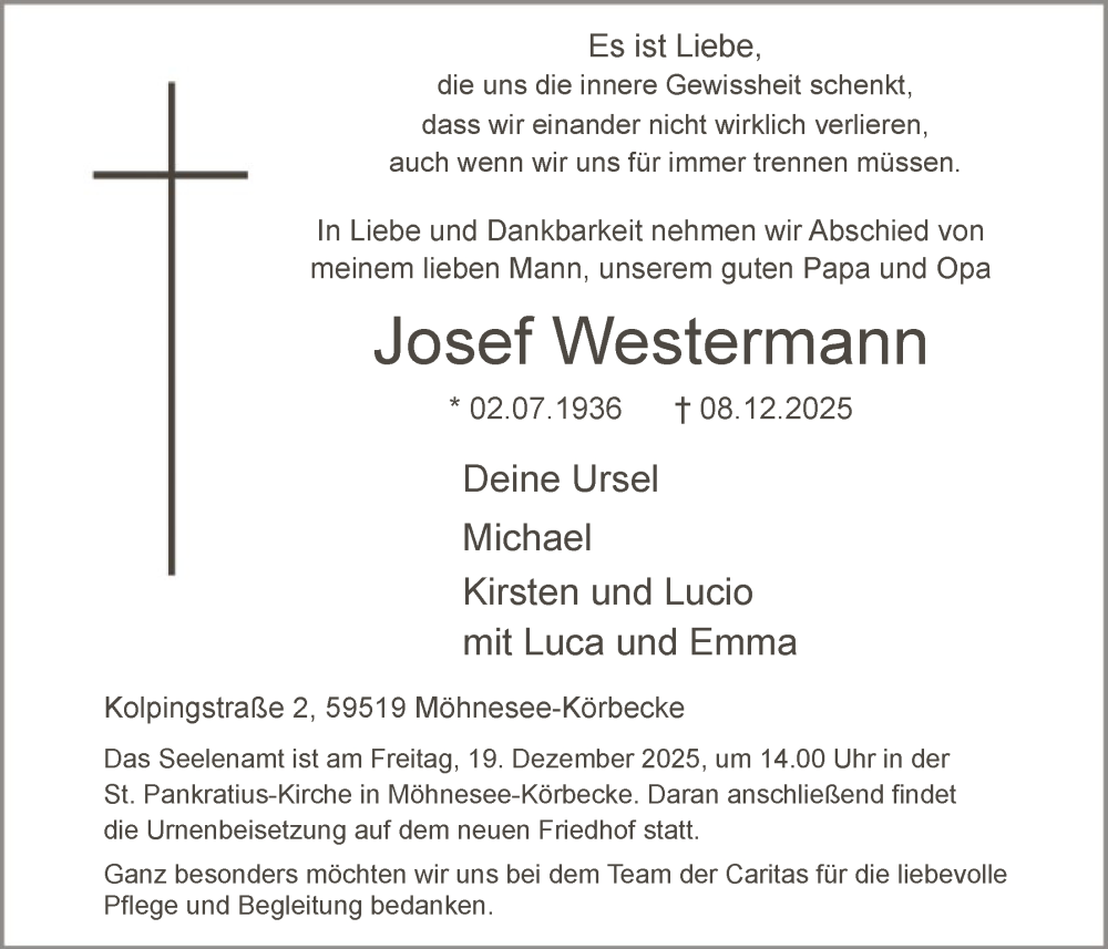  Traueranzeige für Josef Westermann vom 13.12.2025 aus HASO