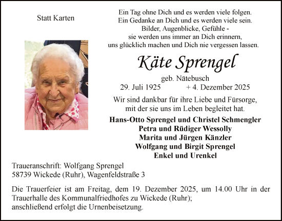 Traueranzeige von Käte Sprengel von HASO