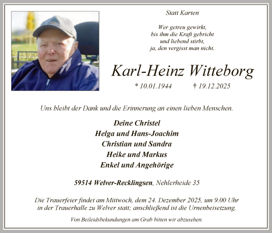 Traueranzeige von Karl-Heinz Witteborg von HASO