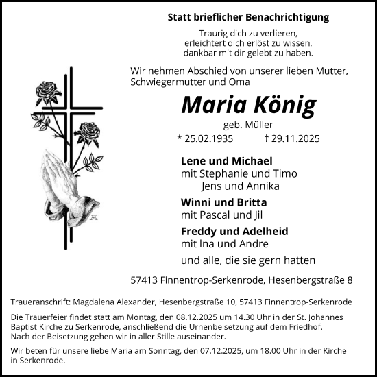 Traueranzeige von Maria König von HASK