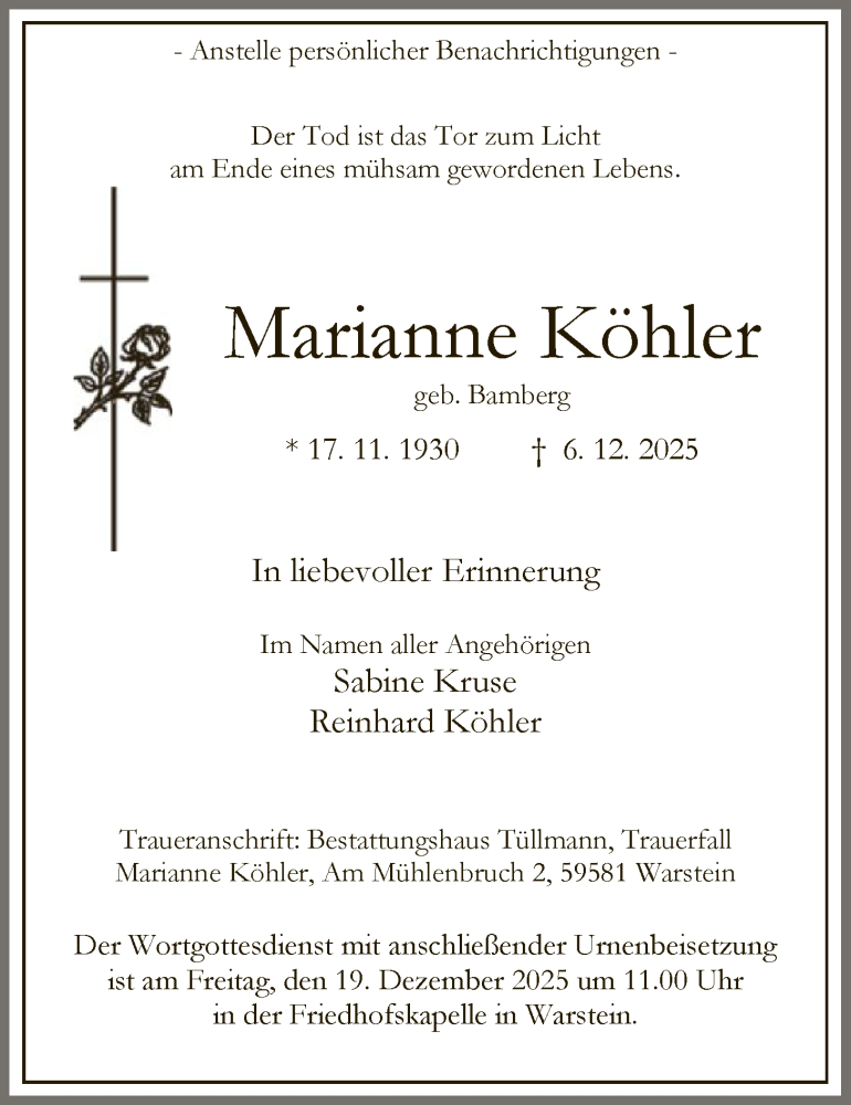  Traueranzeige für Marianne Köhler vom 13.12.2025 aus HASO