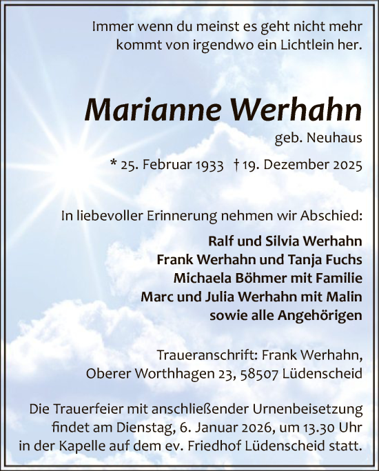 Traueranzeige von Marianne Werhahn von HALN