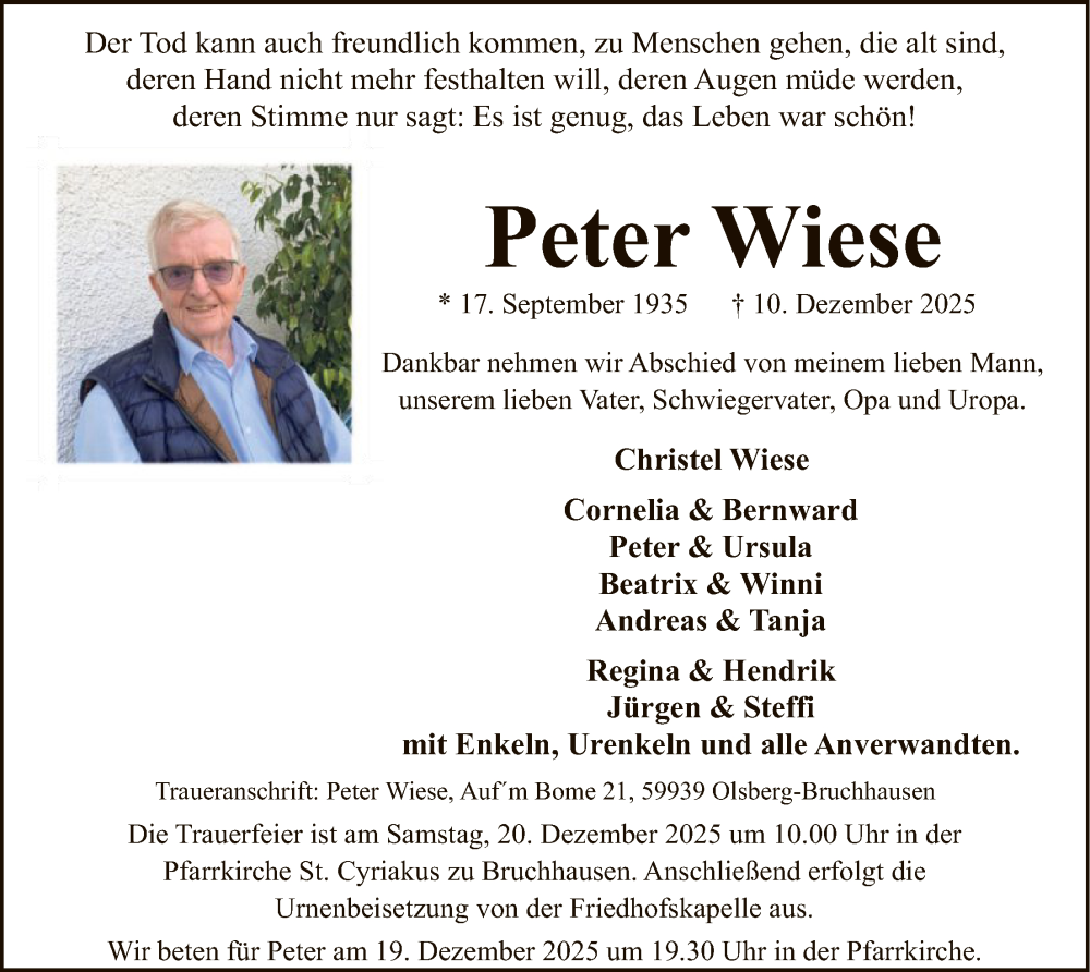  Traueranzeige für Peter Wiese vom 20.12.2025 aus HASK