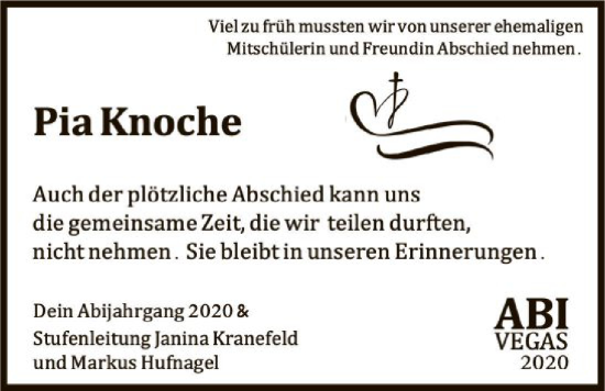 Traueranzeige von Pia Knoche von HASK
