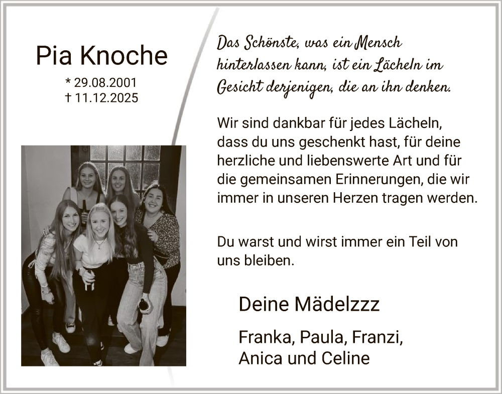  Traueranzeige für Pia Knoche vom 20.12.2025 aus HASK