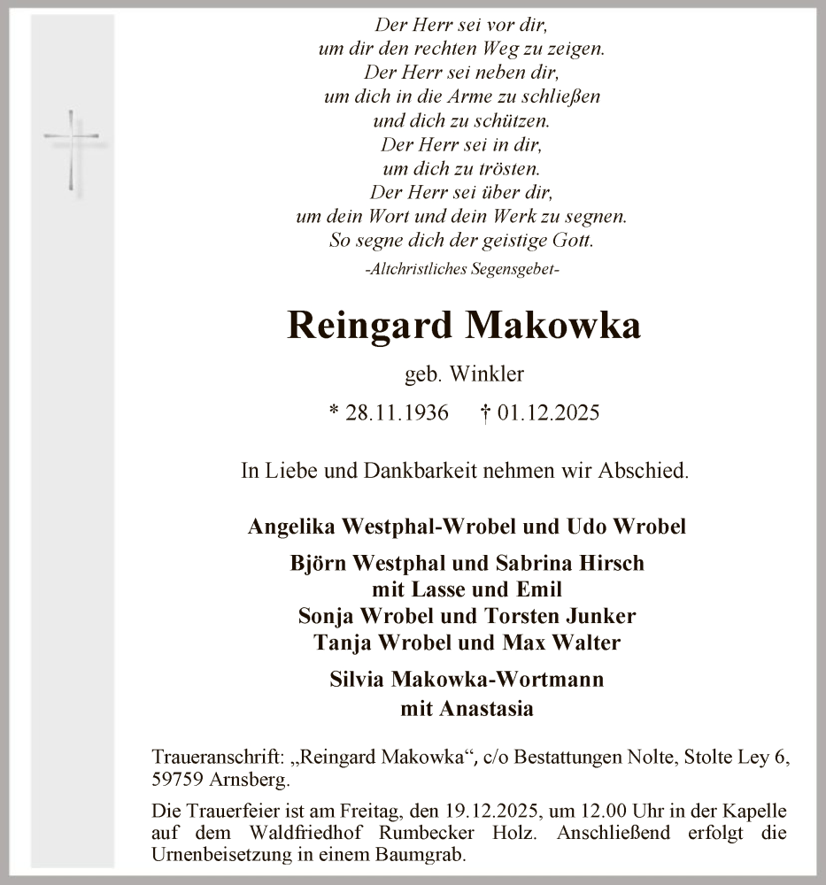  Traueranzeige für Reingard Makowka vom 06.12.2025 aus HASK