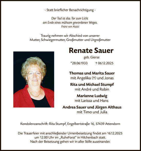 Traueranzeige von Renate Sauer von HASK