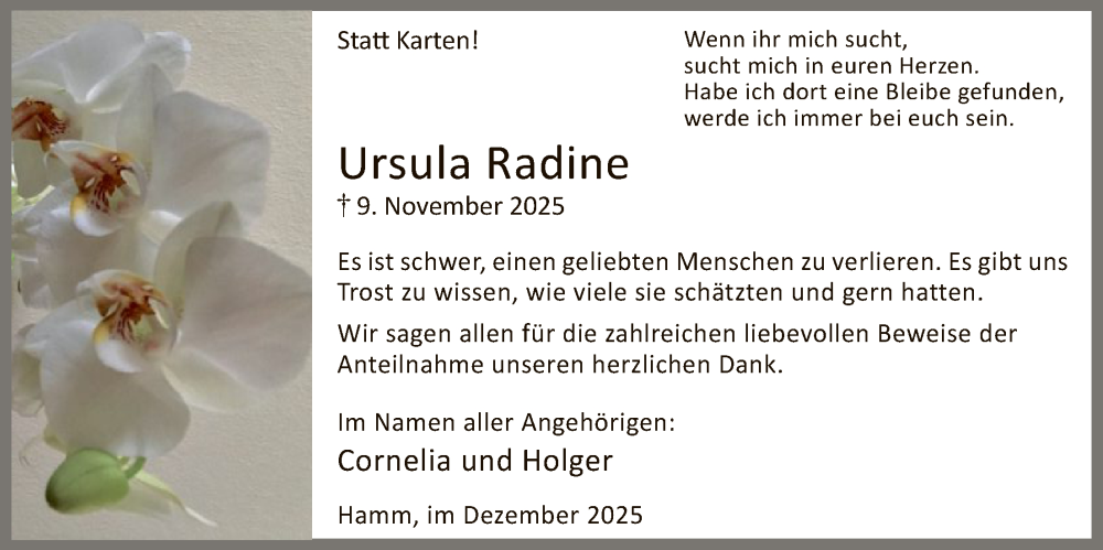  Traueranzeige für Ursula Radine vom 20.12.2025 aus HAWA