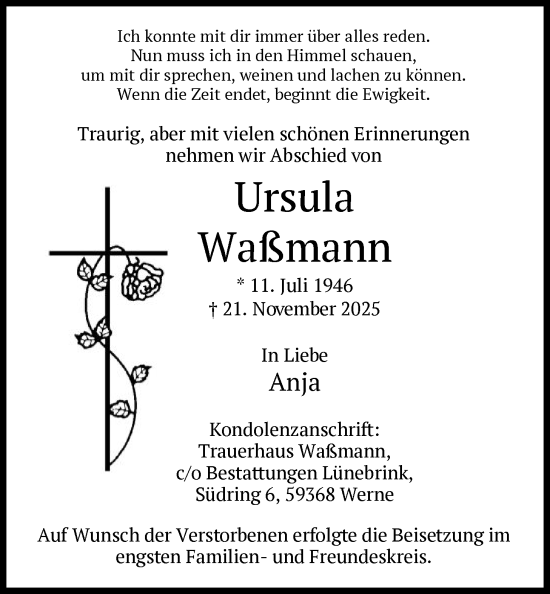 Traueranzeige von Ursula Waßmann von HAWA