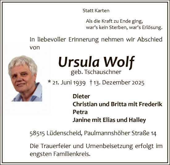 Traueranzeige von Ursula Wolf von HALN